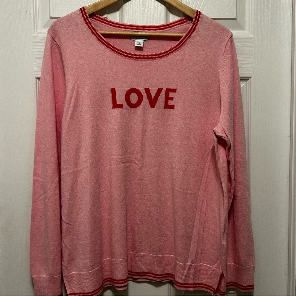 Old Navy, sweater, pink with the word LOVE in red on the front, size XL.